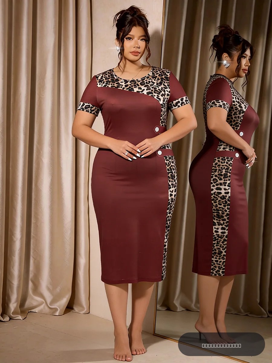 Robe pour femmes grande taille, col rond, imprimé léopard, patchwork, manches courtes, robe moulante mi-longue, élégante, chic, pour le printemps et l'été, robe de soirée