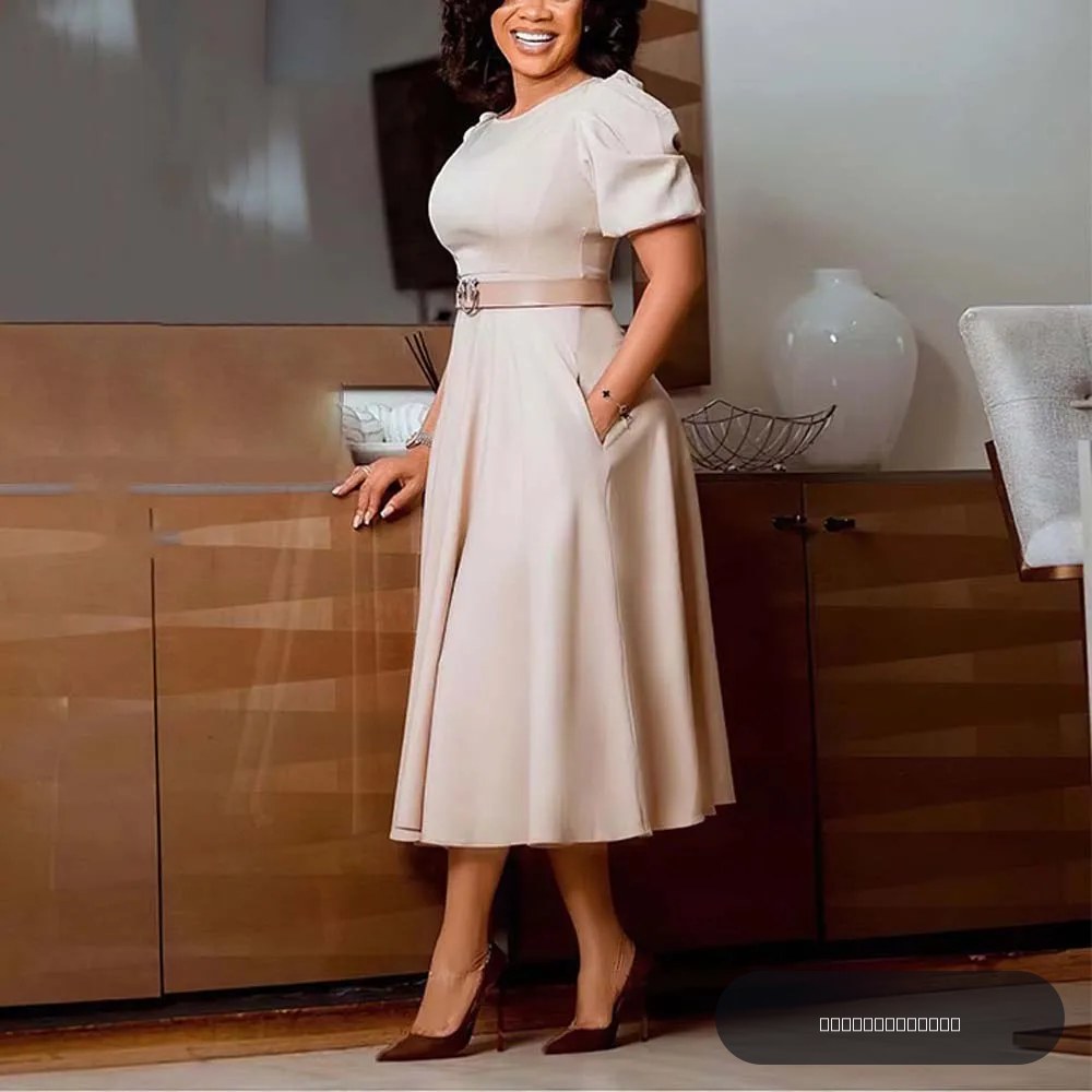 Robe de bureau élégante pour femmes, col rond, manches courtes, ceinture, taille A, ligne mi-mollet, robe de travail formelle d'affaires, mi-longue, nouvelle collection