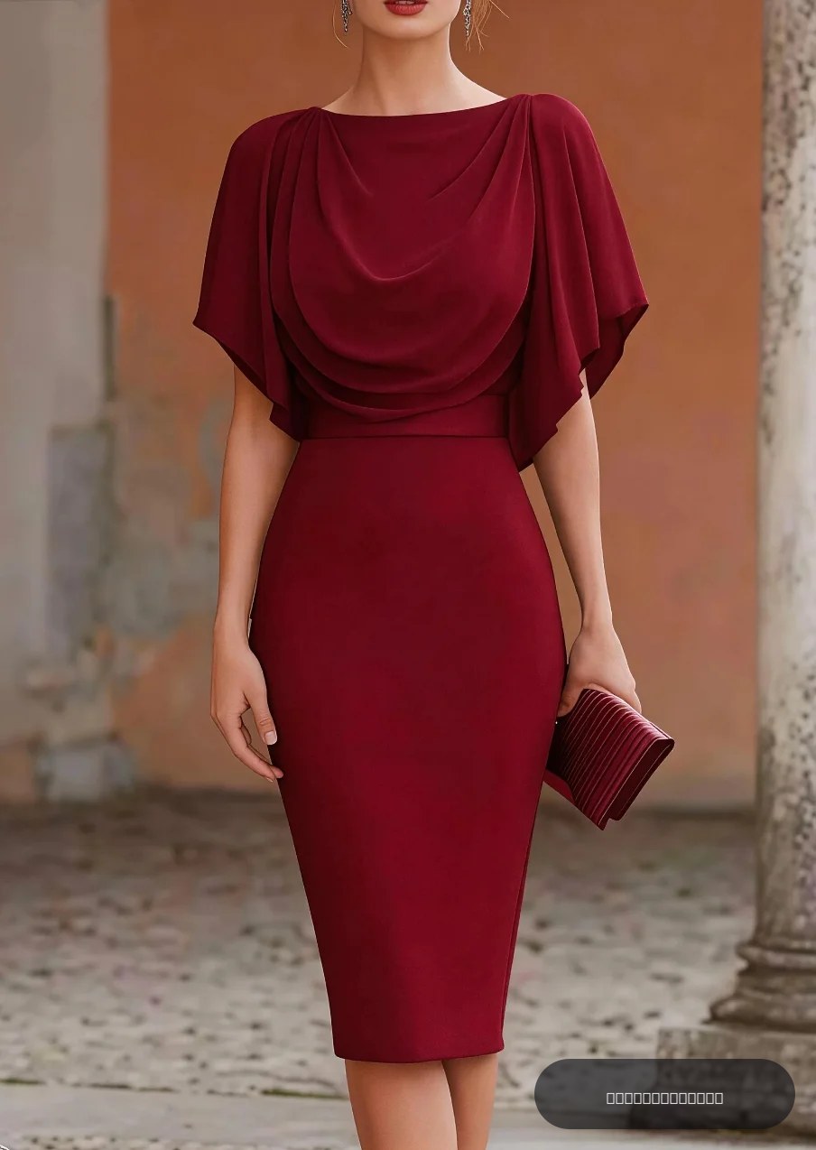 Robe midi à manches courtes pour femme, col bénitier, haut drapé style cape, jupe moulante, élégante pour soirée, cocktail ou occasion spéciale
