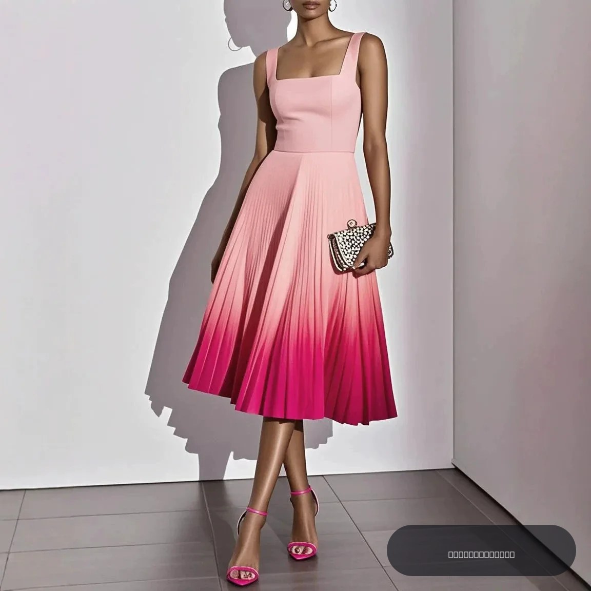 Robe midi plissée ombrée sans manches à col carré pour femme, taille haute, coupe trapèze, idéale pour les soirées