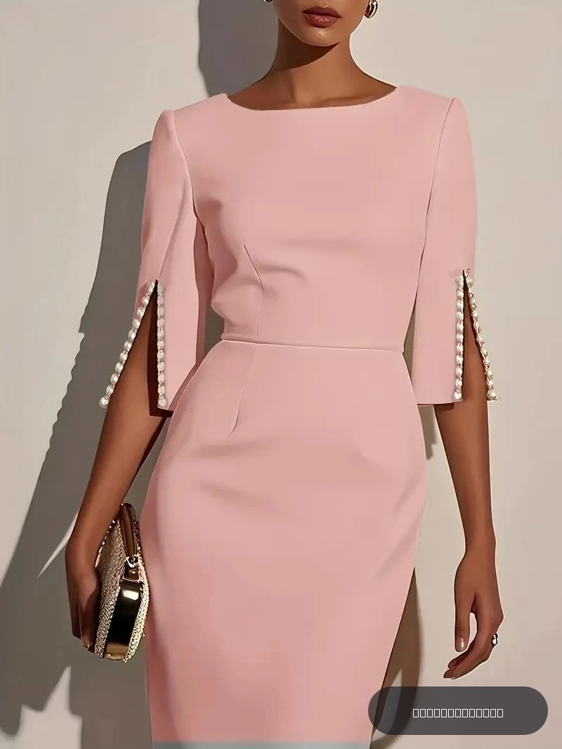 Robe crayon midi unie pour femme - Manches mi-longues ornées de perles, col rond, élégante pour le bureau