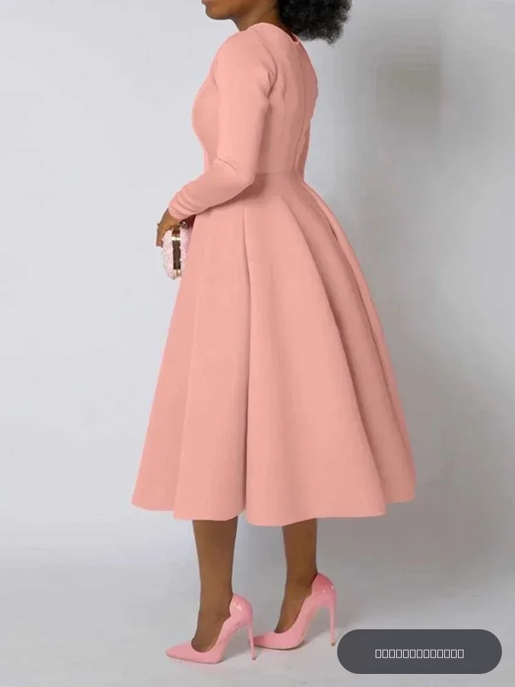 Une ligne robe taille haute fermeture éclair dans le dos femmes à manches longues automne tenue décontractée élégante bureau travail dame robe couleur unie 2025