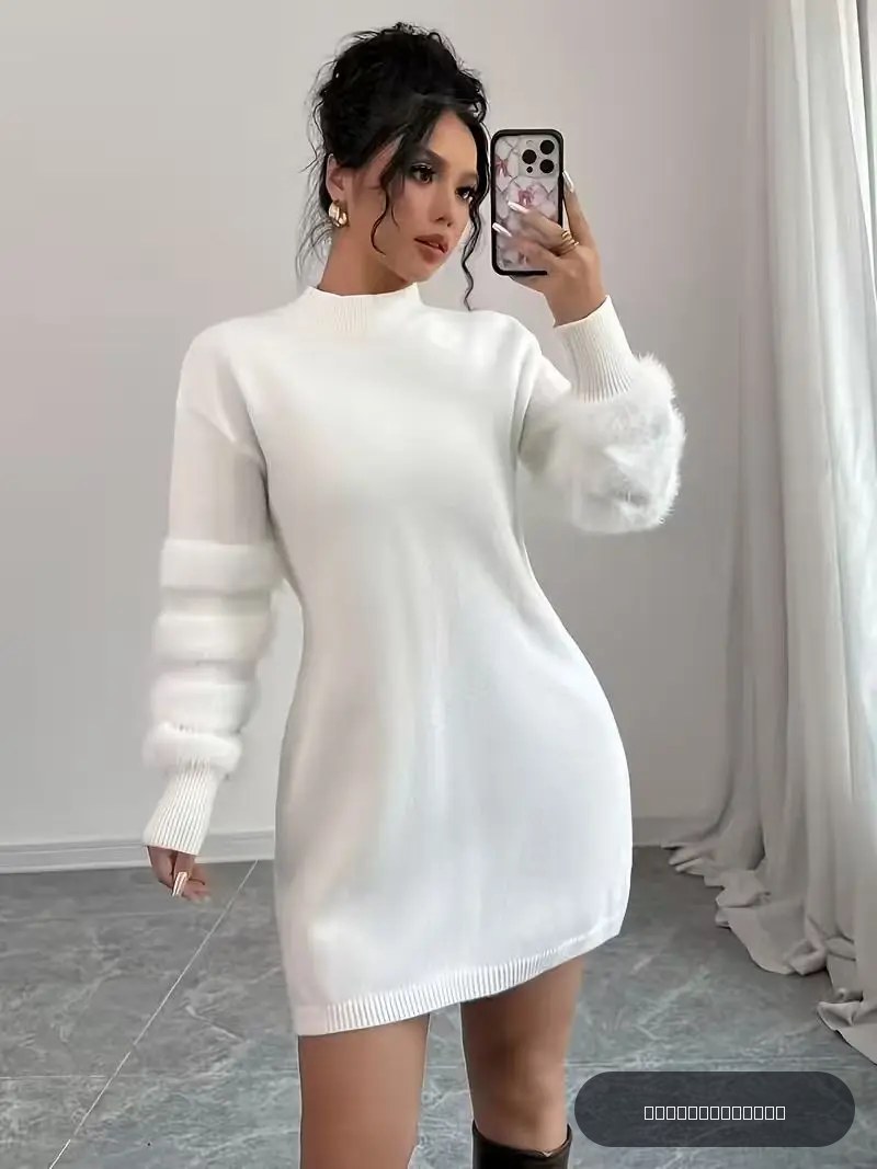 Robe décontractée pour femmes, couleur unie, col montant, coupe ample, tricot patchwork, ceinture non incluse, vêtements pour femmes automne/hiver