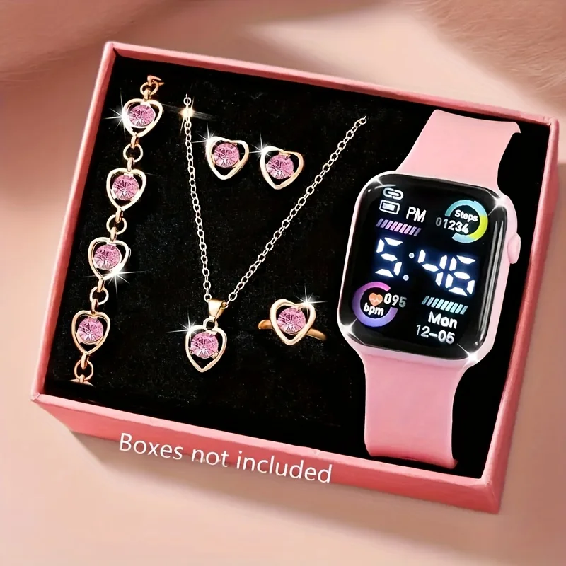Ensemble de 6 pièces de bijoux électroniques tendance (montre, collier, boucles d'oreilles, bague) pour adolescents, garçons et filles, le meilleur choix pour un ami