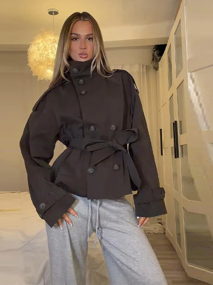 Manteau trench femme printemps 2026 uni à lacets, col montant, double boutonnage, élégant, nouvelle collection, veste longue à manches longues pour femme, style urbain