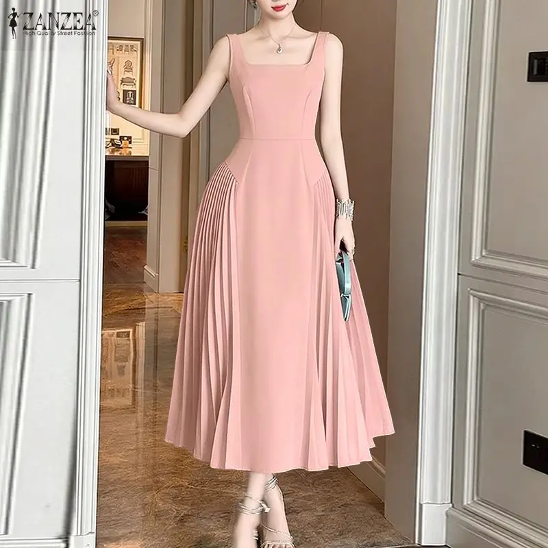 ZANZEA Robes de soirée mi-longues pour femmes, élégantes, col carré, sans manches, plissées, pour invitées de mariage, longues, coupe trapèze, Robes Femme