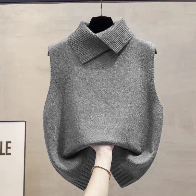 Gilet sans manches coréen automne-hiver, couleur unie, col rabattu, tricot polyvalent et décontracté pour femmes