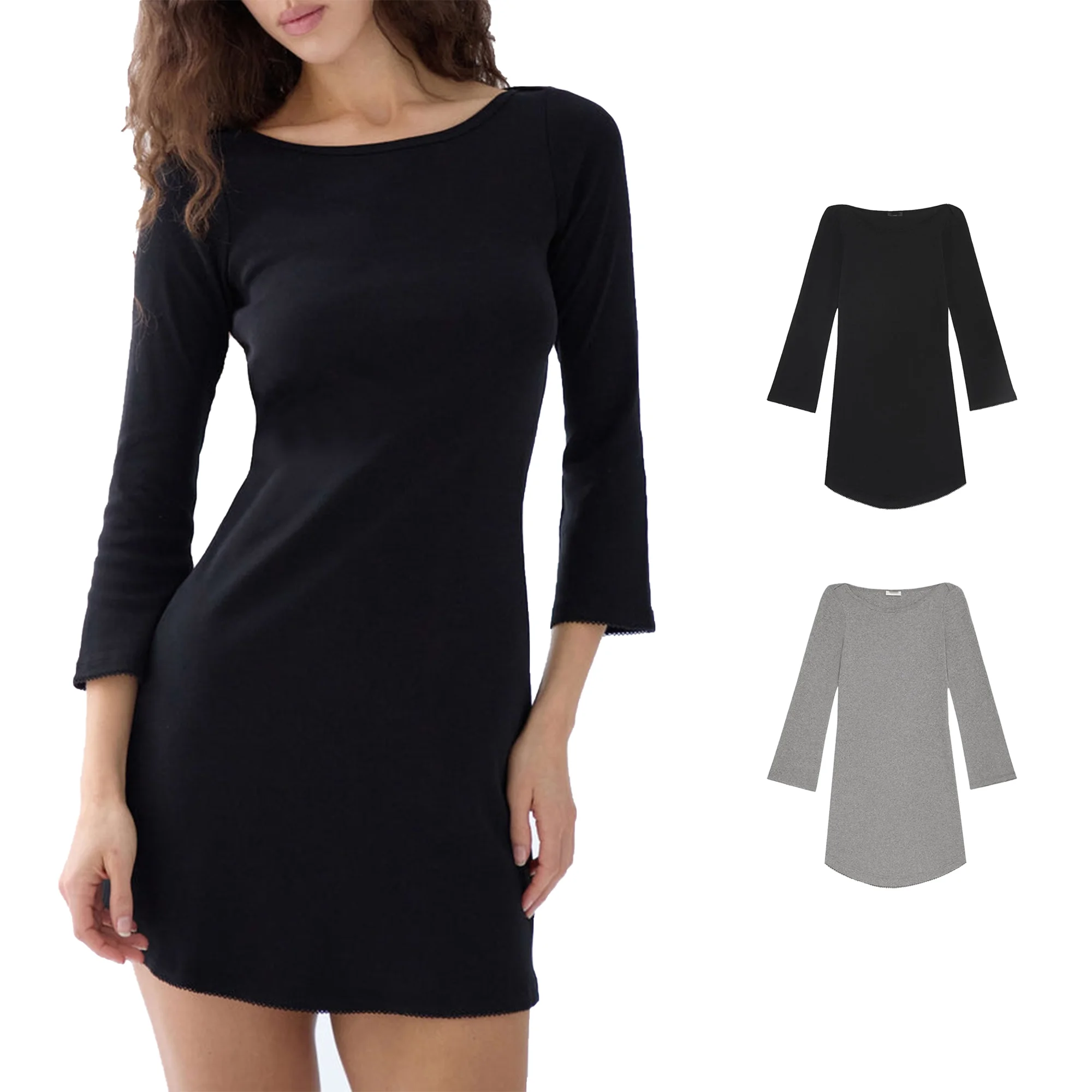 Robe en tricot à manches trois-quarts et encolure bateau pour femmes, robe courte de style français, simple, de couleur unie, coupe ajustée, ligne A, robe de base avec bordure en dentelle à l'ourlet, jupe à ourlet incurvé avec manches cloche et encolure dénudée.