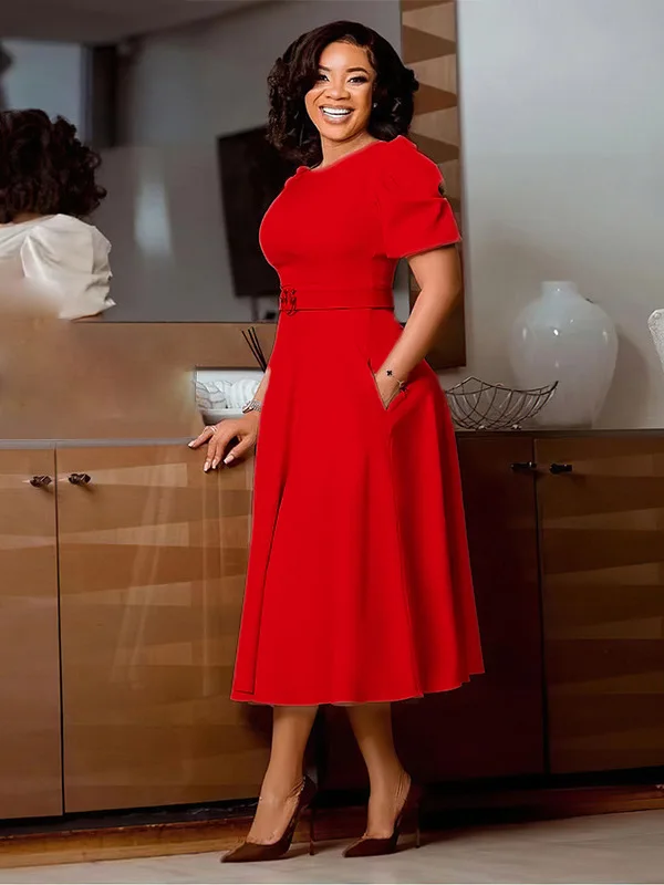 Robe élégante pour femme à col rond, taille cintrée, coupe évasée, manches bouffantes, longueur midi