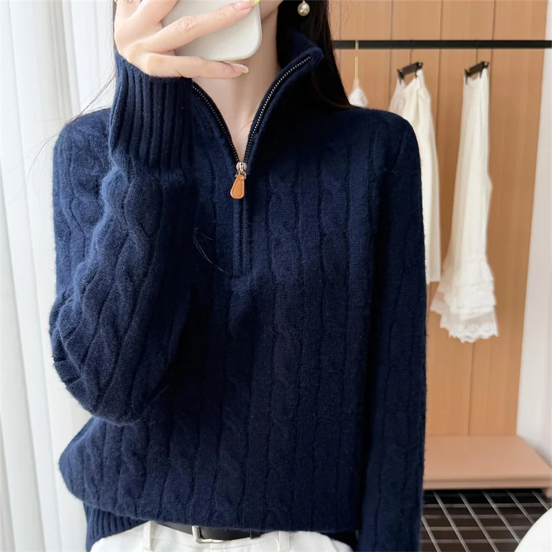 Pull en laine 100 % pure, tricoté, pour femme, épais, ample, avec demi-fermeture éclair, col montant, idéal pour l'automne et l'hiver, confortable et respirant.