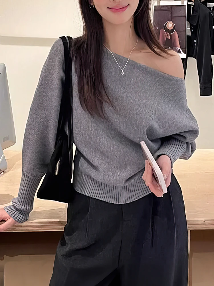 Pull en maille à manches longues style chauve-souris pour femme, 300g, épais, haut à épaules dénudées, pull de mode coréenne, ample, décontracté, vêtement d'extérieur d'automne