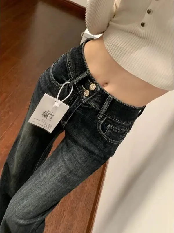Jean Patte d'Éléphant Taille Haute Rétro Américain pour Femme, Pantalon en Jean Délavé Extensible, Automne Hiver, Grande Taille, Effet Amincissant