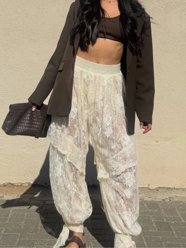 Pantalon ample transparent en dentelle pour femme avec cordon de serrage et volants, style polyvalent, collection 2026, streetwear tendance, pantalon d'été pour femme