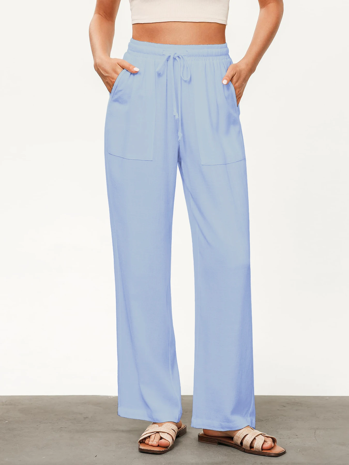 Pantalon décontracté ample à jambe large de couleur unie pour femme avec cordon de serrage et poches, taille haute