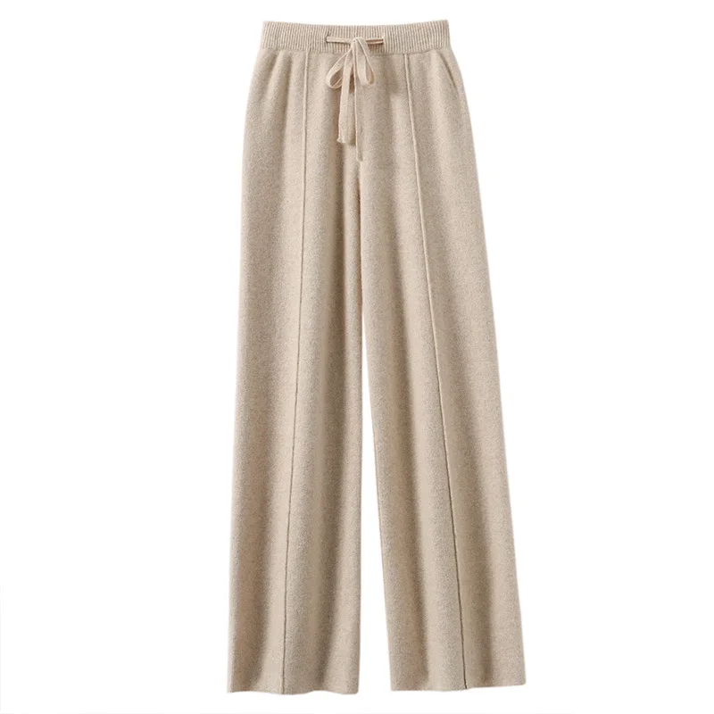 Pantalon ample en maille taille haute pour femme, pantalon droit ample et chaud, pantalon de détente décontracté uni pour l'hiver