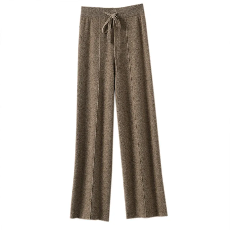 Pantalon large à jambe droite en tricot chaud à taille haute pour femmes, pantalon ample de couleur unie à jambe large pour femmes