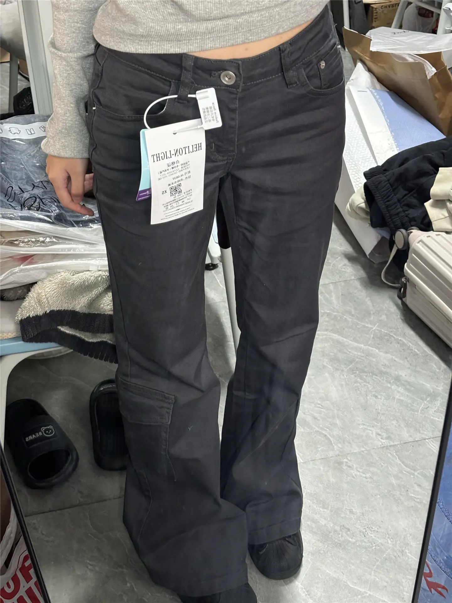 Jean en denim taille basse, coupe évasée, pour femme, élastique, multi-poches, polyvalent, printemps, coupe ajustée, pantalon de conduite confortable