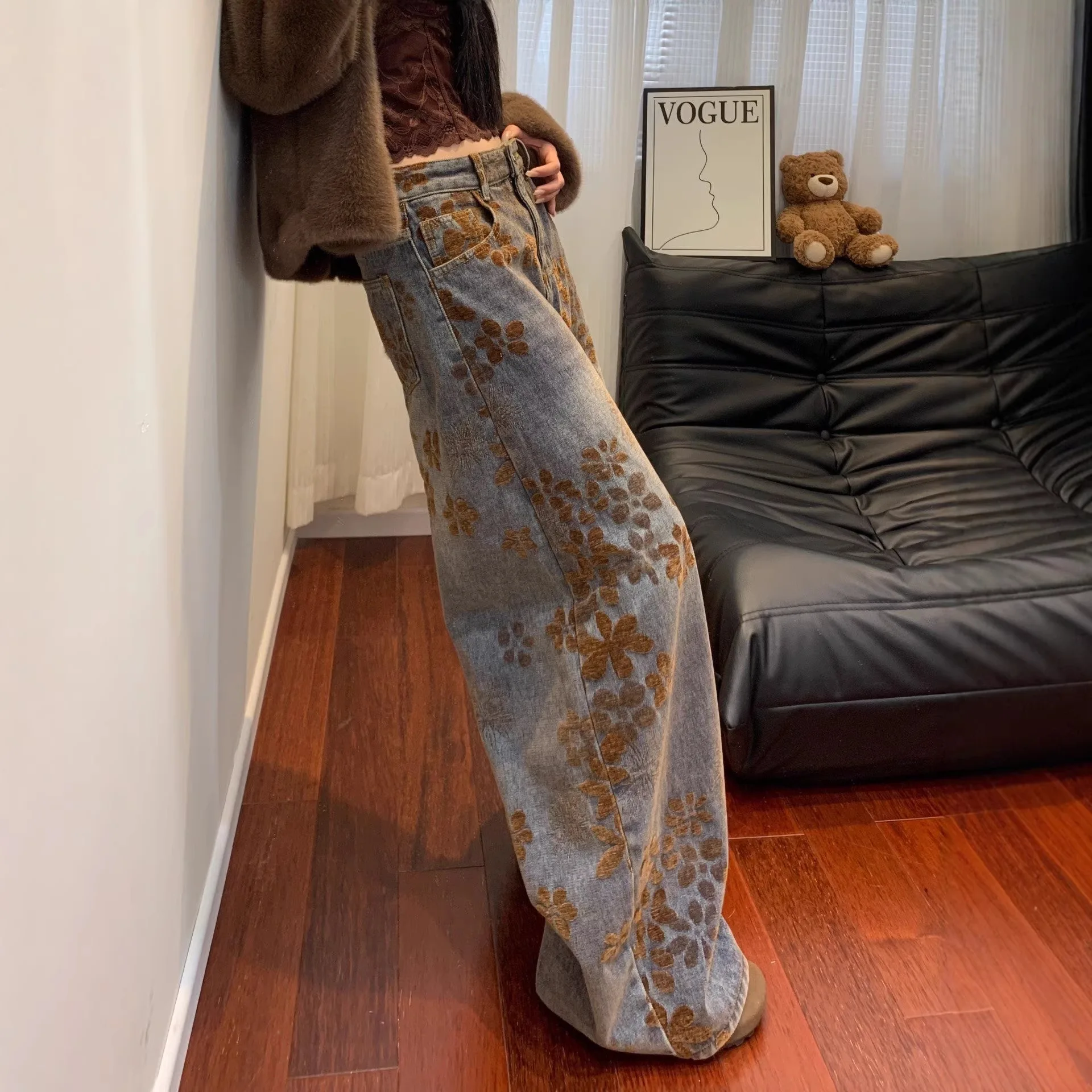 Jean rétro jacquard pour femme, nouvelle collection printemps-automne, taille haute, coupe slim et ample, pantalon large