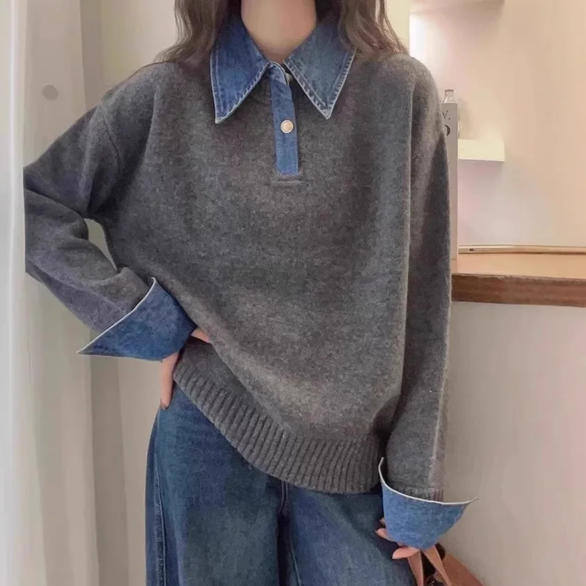 Femmes Denim Patchwork faux deux pièces pull tricoté automne hiver épais à manches longues tricots hauts PYMJ-MY745