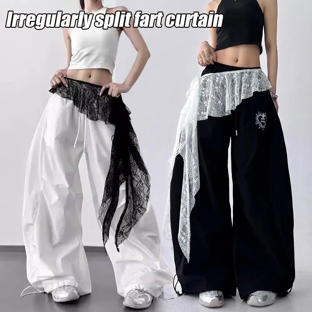 Jupe plissée Harajuku en jean pour femme avec bordure en dentelle irrégulière, détail à nouer et rabat arrière, décorée de fleurs brodées