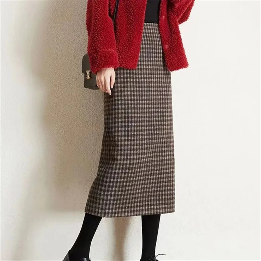 Y2K – Jupes mi-longues classiques à carreaux pour femmes, style vintage élégant, fente arrière au bureau, design polyvalent, chic Harajuku, mode automne
