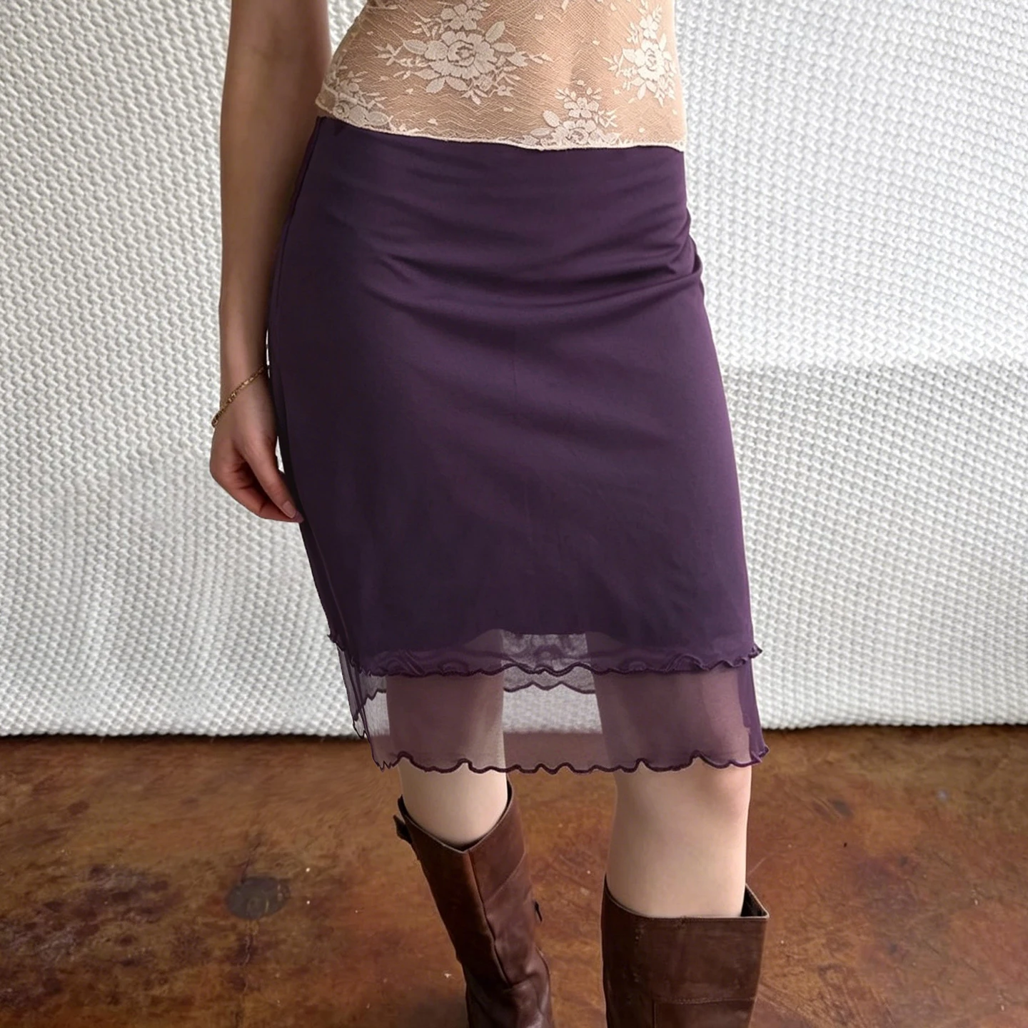 SUCHCUTE Jupe Midi Coquette Vintage Double Couche en Maille Taille Basse avec Bordure en Dentelle Coupe Droite Slim Unie Longueur Moyenne Style Y2K Décontracté Urbain