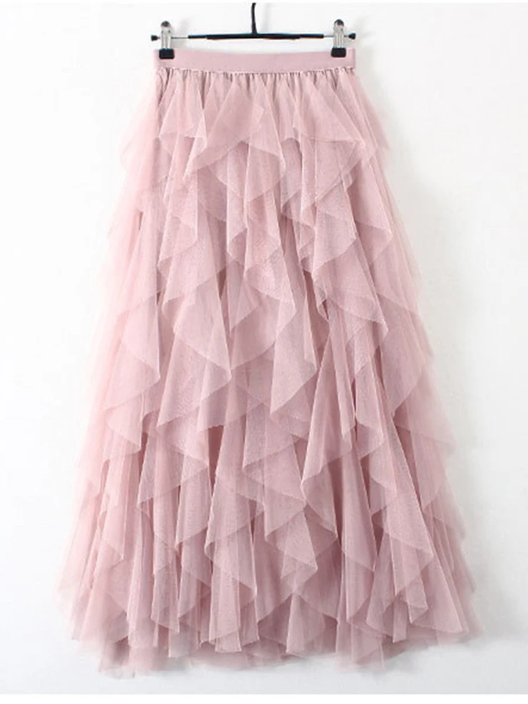 Jupe Maxi Tulle Plissée Taille Haute Femme Mode 2022 Coréenne Rose Mignon Filet Esthétique