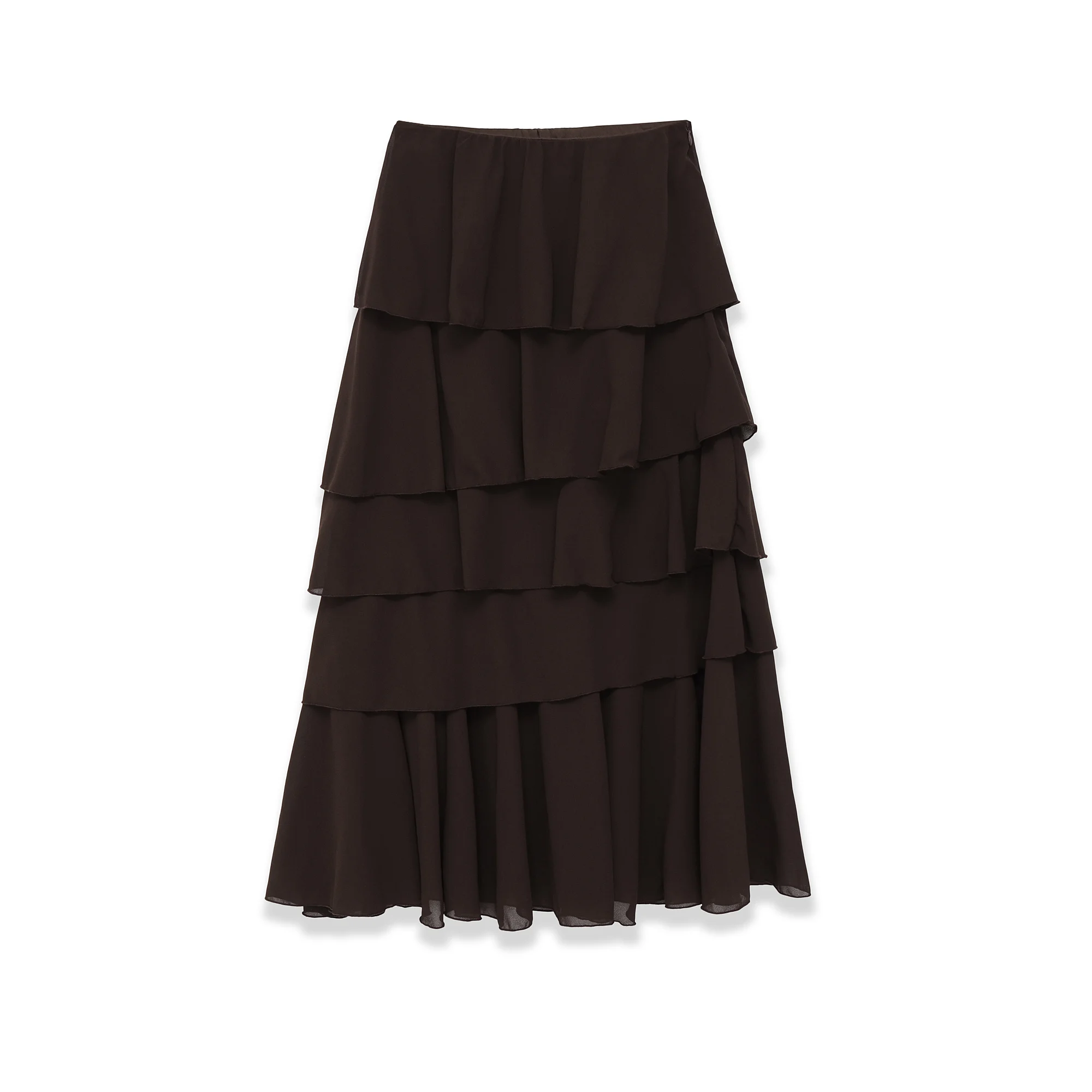 Jupe longue vintage marron à volants, élégante, pour soirée, trajet quotidien, style urbain moderne, mode streetwear, collection Printemps 2026 pour femme