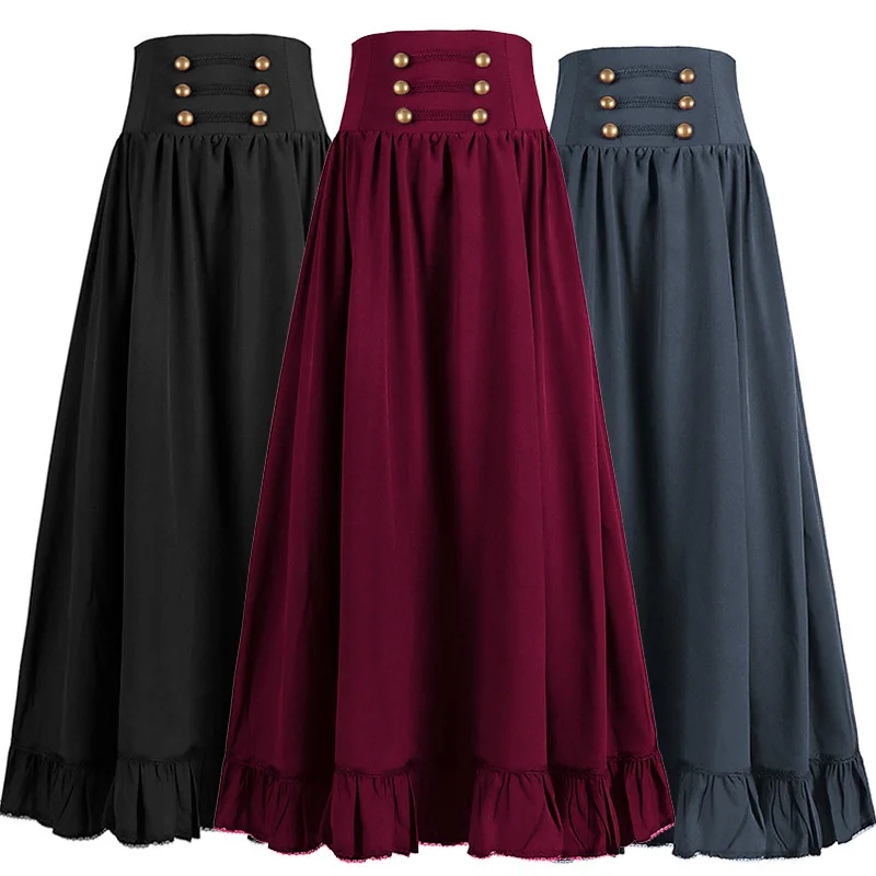 Jupe longue gothique médiévale pour femme, jupe longue évasée rétro à volants en dentelle, jupe trapèze taille haute à lacets grande taille