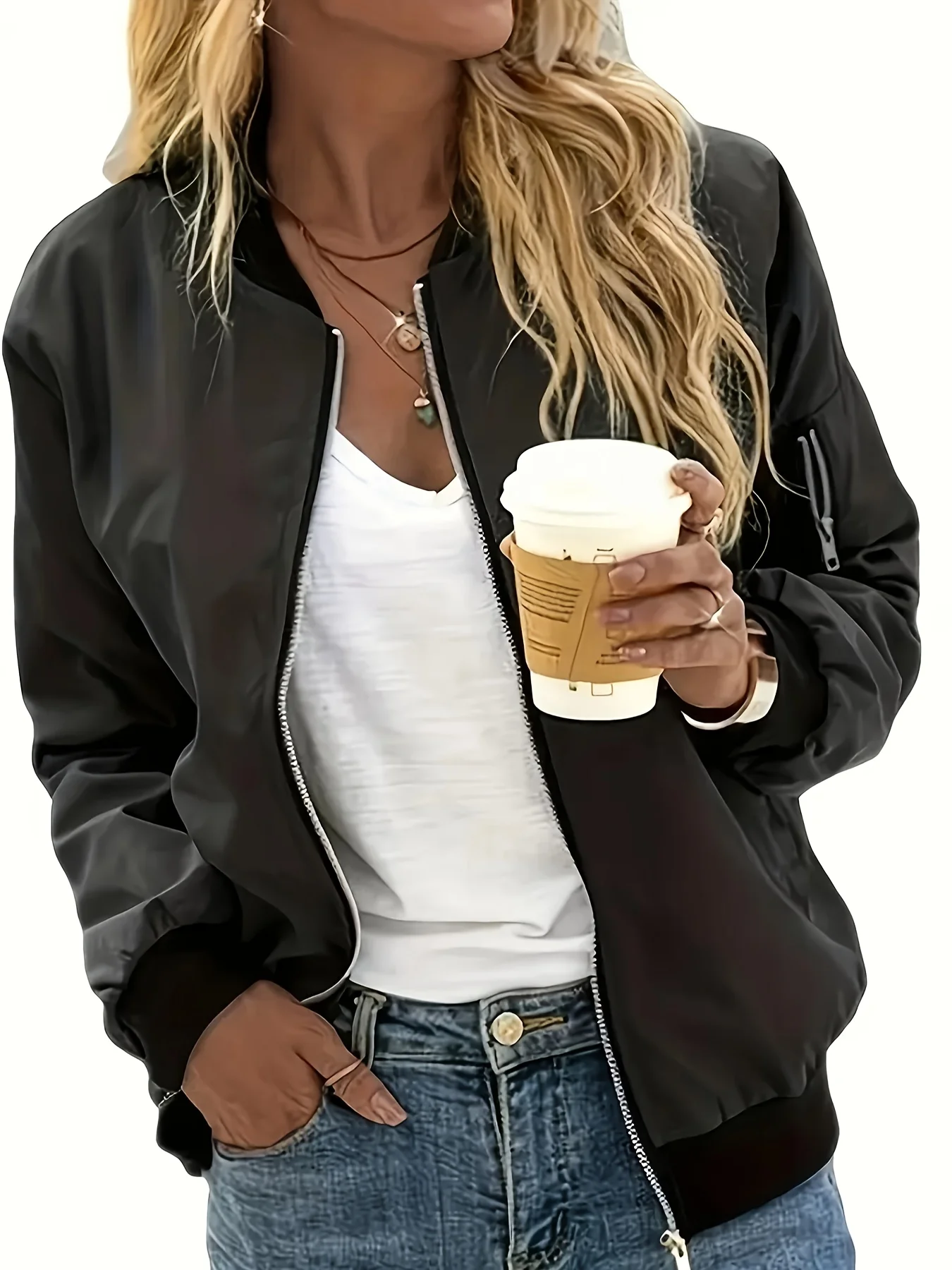 Veste bomber décontractée pour femme à manches longues avec fermeture éclair, coupe-vent léger avec poches, pour un usage quotidien en extérieur