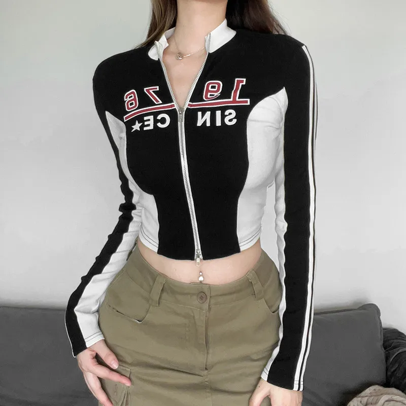 Veste de moto américaine Bella Style belle lettre imprimée pour femmes, vestes courtes personnalisées à Double tête avec fermeture éclair, Slim et Sexy