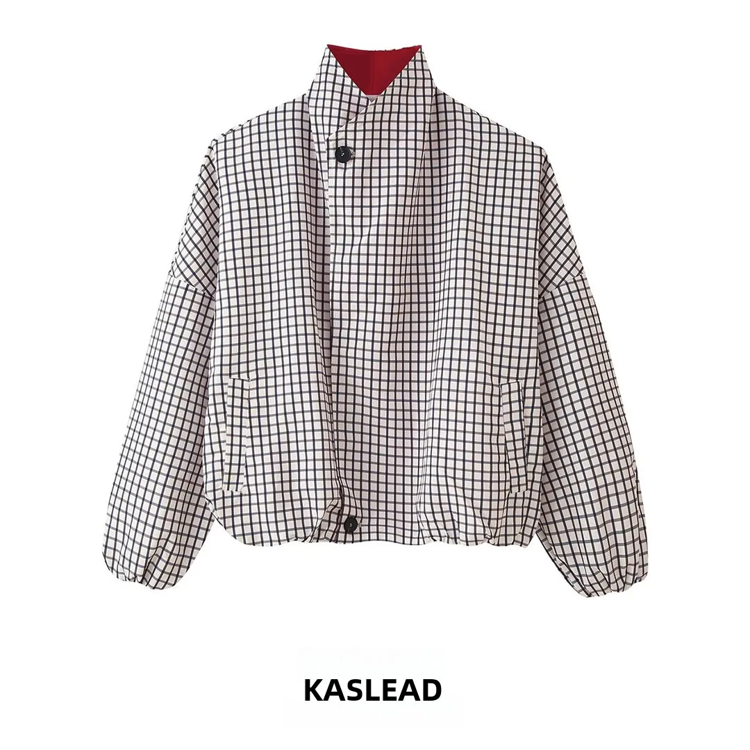 Veste à carreaux multicolores KASLEAD pour femme - Style européen tendance, col imprimé patchwork, finition haut de gamme, manches longues en polyester