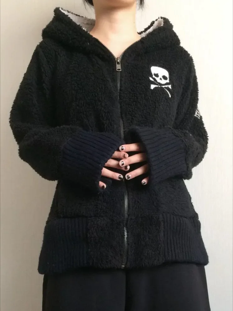 Y2k – vestes en laine d'agneau pour femmes, sweat-shirt gothique à capuche, crâne croisé Grunge, fermeture éclair, Vintage, manteaux à capuche décontractés, Streetwear Harajuku