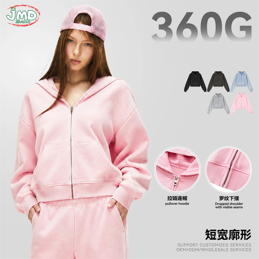 Sweat à capuche zippé JMD Retro 360gsm délavé et vieilli pour femme et homme, vestes zippées à capuche douces, tenues d'automne QH0171