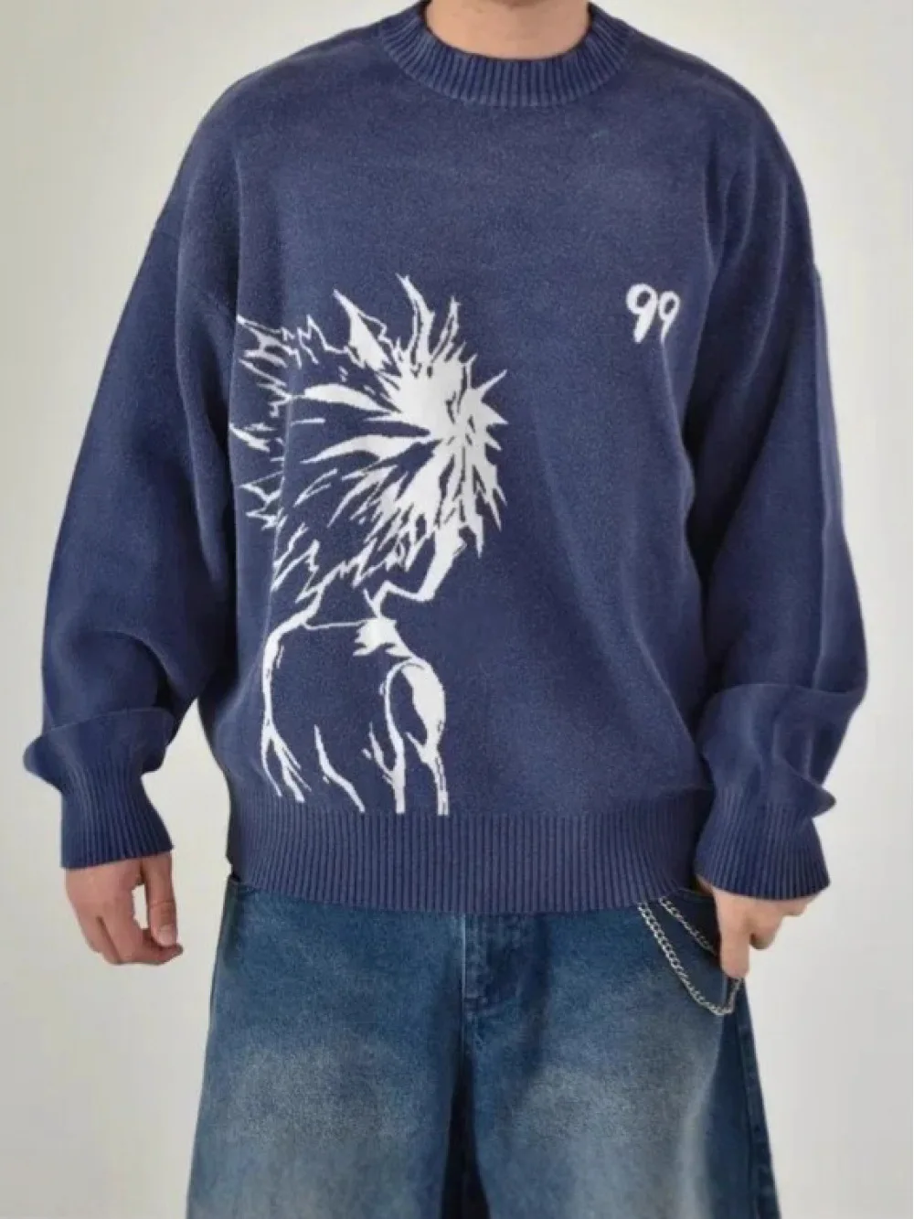 2025 European and American Warm Pullover Anime Jacquard Pattern Crew Neck Long Sleeves Loose Unisex Sweater
