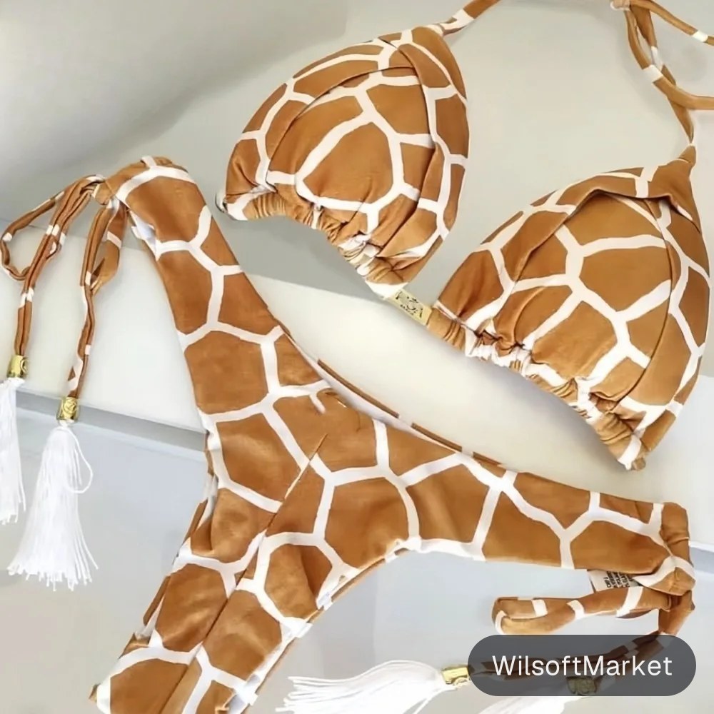Ensemble bikini imprimé à franges pour femmes, maillot de bain deux pièces à taille basse avec liens sur les côtés, tenue de plage tendance, maillot de bain, ensemble bikini pour femmes.