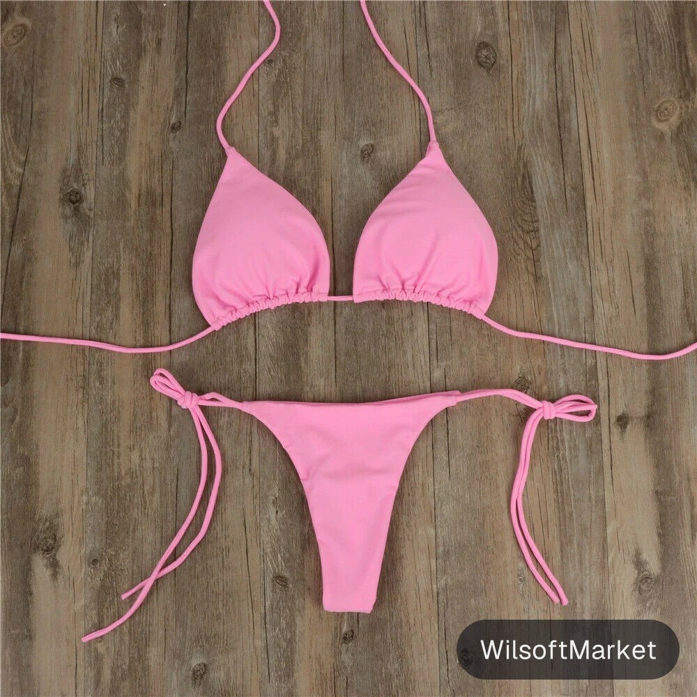 Nouveau femmes Sexy col suspendu string Bikini ensemble côté cravate maillot de bain Style bandeau sangle fendue solide réglable dames maillot de bain ensemble