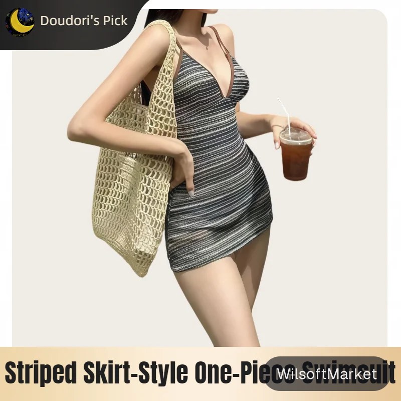 Maillot de bain une pièce pour femme, style coréen, à la mode, col en V, dos nu, design à nouage croisé, à rayures, coupe ajustée, style jupe.