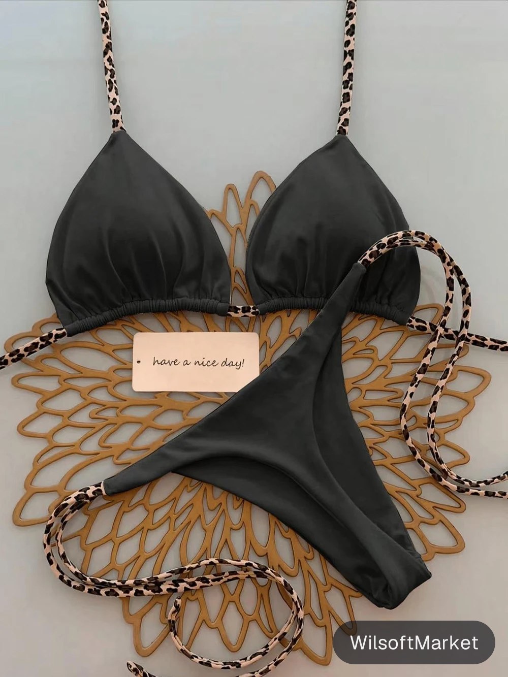 Ensemble bikini sexy uni pour femme, dos nu, taille basse, deux pièces, triangle, string, maillot de bain léopard à nouer sur le côté, style brésilien