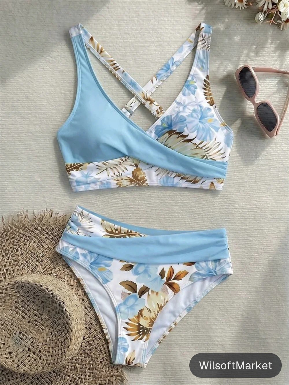 Maillot de bain sexy à imprimé floral et feuilles, avec lanières croisées et dos nu, bikinis et tankinis pour femmes, maillot de bain taille haute, tenue de plage.