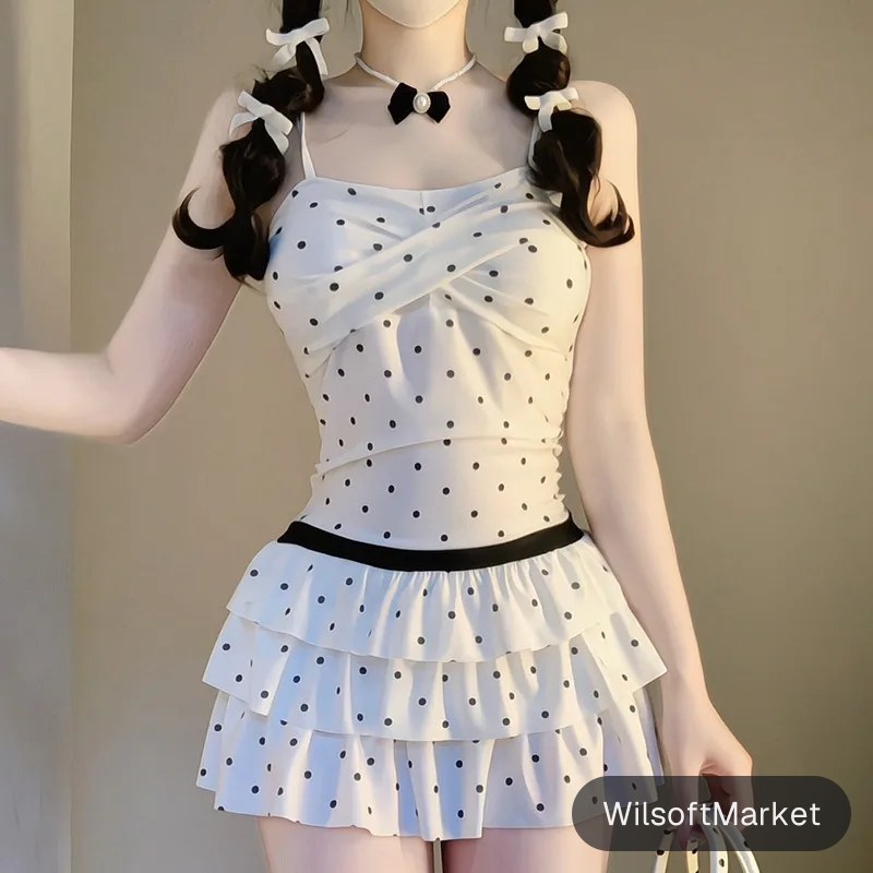 Maillot de bain une pièce à pois avec bretelles spaghetti, jupe à volants étagés et nœud décoratif – Tenue de bain modeste pour la plage et les vacances à la piscine