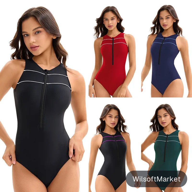 Maillot de bain une pièce pour femmes, Sport athlétique, dos nageur, Boyleg, vêtements de plage, fermeture éclair sur le devant