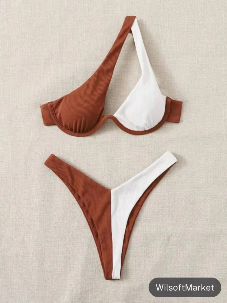 Bikini sexy imprimé découpé une épaule à taille haute avec push-up pour femmes