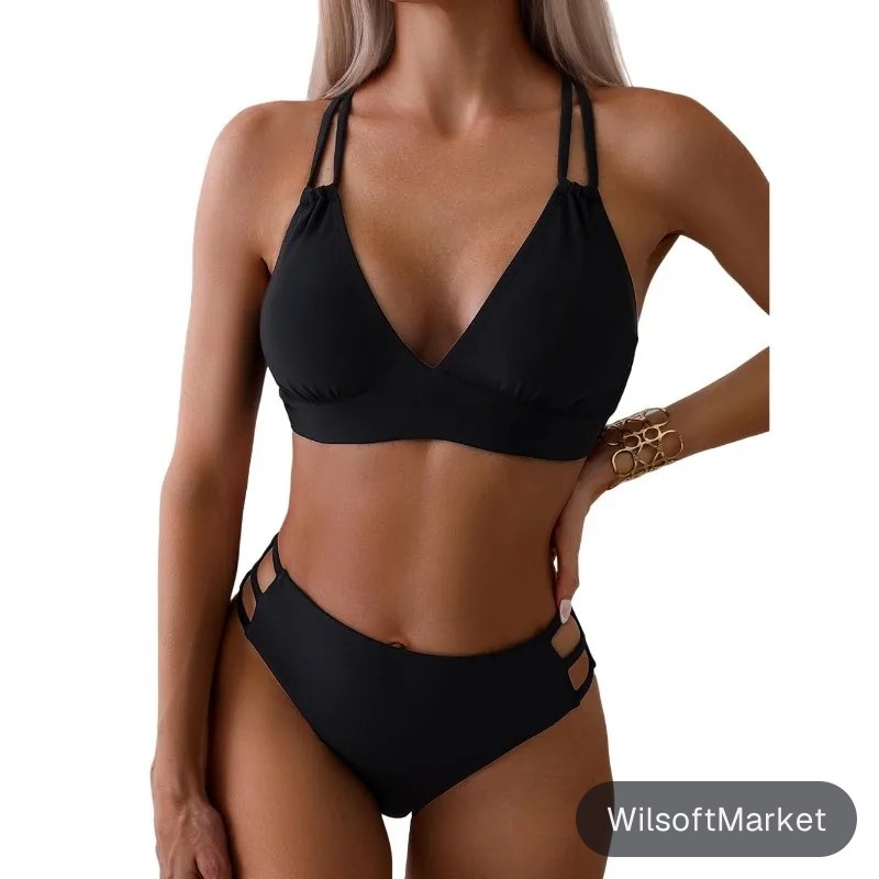 Nouveau maillot de bain pour femmes, ensemble bikini push-up à col en V, dos croisé, deux pièces, maillot de bain uni, vêtements de plage, biquinis élégants pour l'été