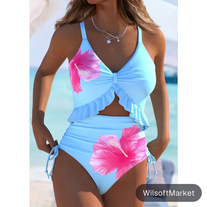 Maillot de bain sexy imprimé léopard pour femme, bikini taille haute avec cordon de serrage latéral et volants, vêtements de plage tendance pour femme