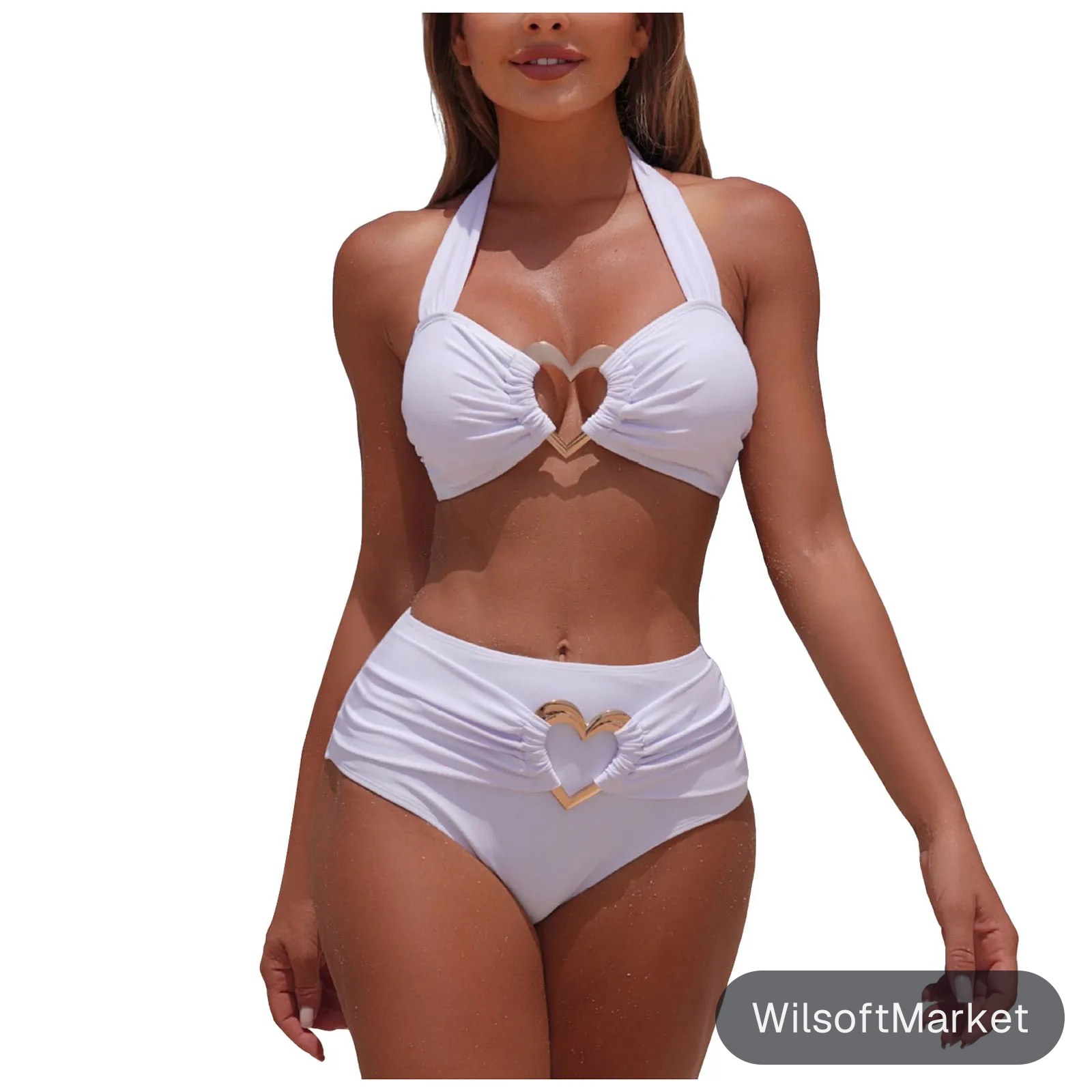 Ensemble de bikini blanc taille haute pour femmes Décoration en forme de cœur dorée Devant plissé Push-up Deux pièces Maillot de bain vintage pour femmes Sexy